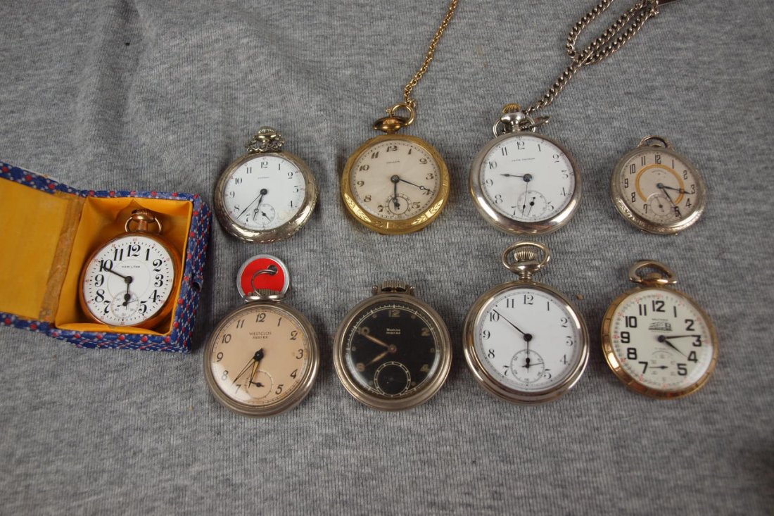 Lot of 9 pocket watches - Hamilton, Seth Thomas, Waltha: Lot of 9 pocket watches - Hamilton, Seth Thomas, Waltham, Hall Watch, Mallar, Admiral & Westclox