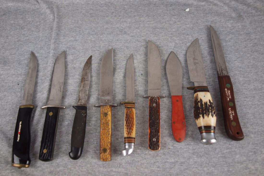 Lot of 9 sheath knives & others - Frank Buster Fight'n : Lot of 9 sheath knives & others - Frank Buster Fight'n Rooster, Herters, Camillus, Western, Kent, Utica, Normark & others with some sheaths