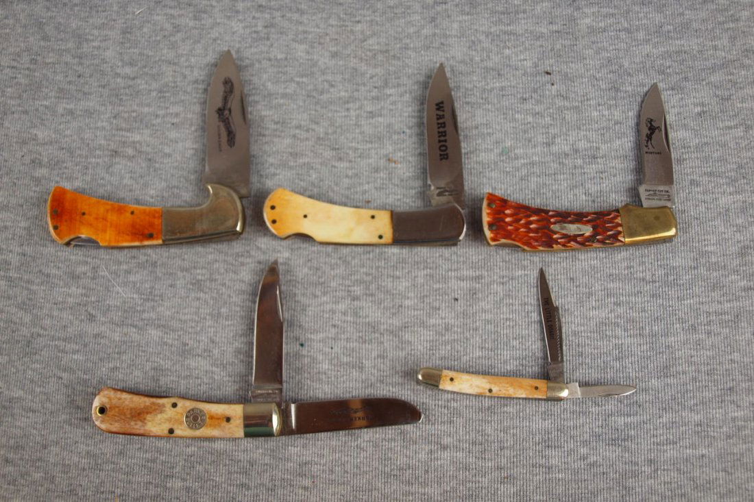 Parker Knife Co. lot of 5 knives - Golden Eagle, Warrio: Parker Knife Co. lot of 5 knives - Golden Eagle, Warrior & Mustang single blades and Parker Bullet and the Little Doagie, 2 blade