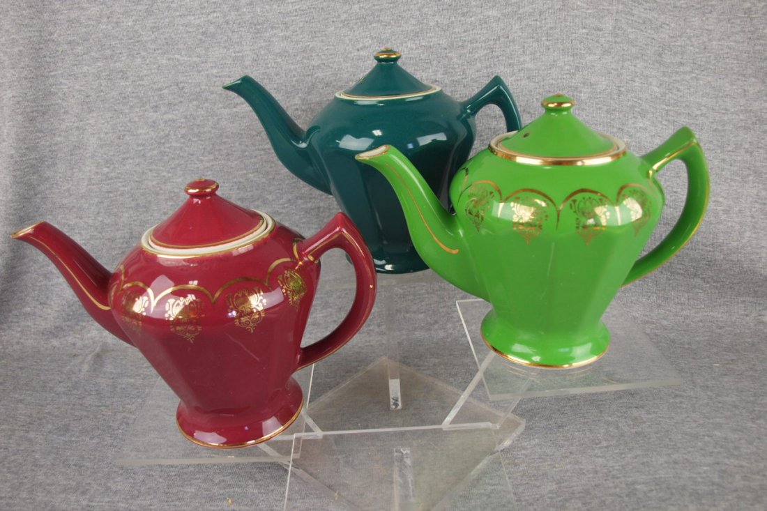 Hall china lot of 3 "Albany" teapots (hairline to dark: Hall china lot of 3 "Albany" teapots (hairline to dark green)