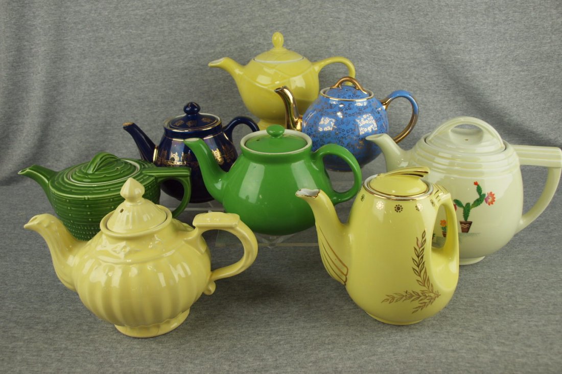 Hall china lot of 8 teapots - nicks, chips &/or: Hall china lot of 8 teapots - nicks, chips &/or hairlines