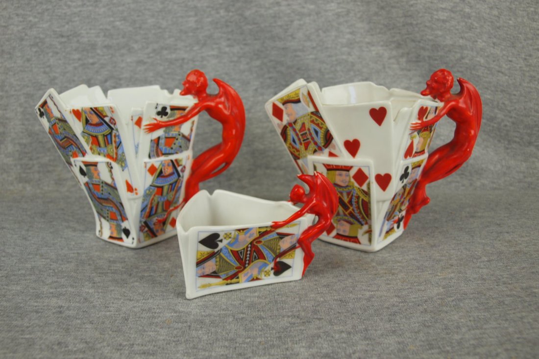 Royal Bayreuth "Devil & Cards" lot of 3 pcs - 2 - 5": Royal Bayreuth "Devil & Cards" lot of 3 pcs - 2 - 5" creamers and sugar