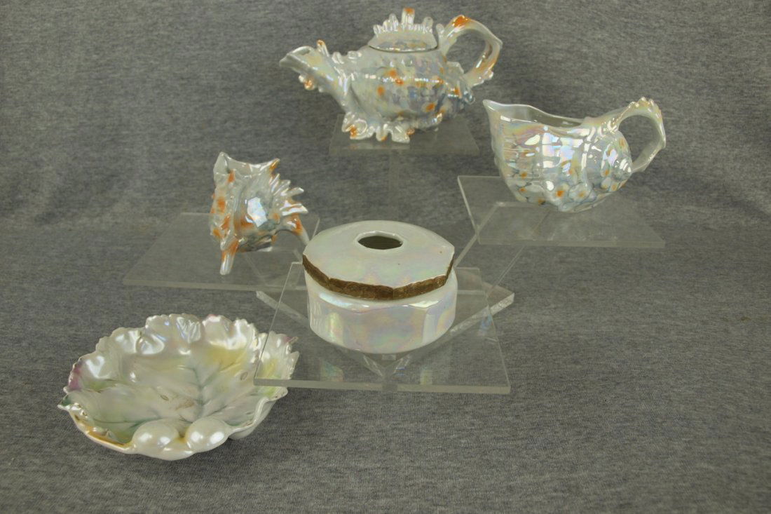 Royal Bayreuth lot of 5 lustre ware pcs - shell: Royal Bayreuth lot of 5 lustre ware pcs - shell teapot, creamer & toothpick holder, leaf tray & hair receiver