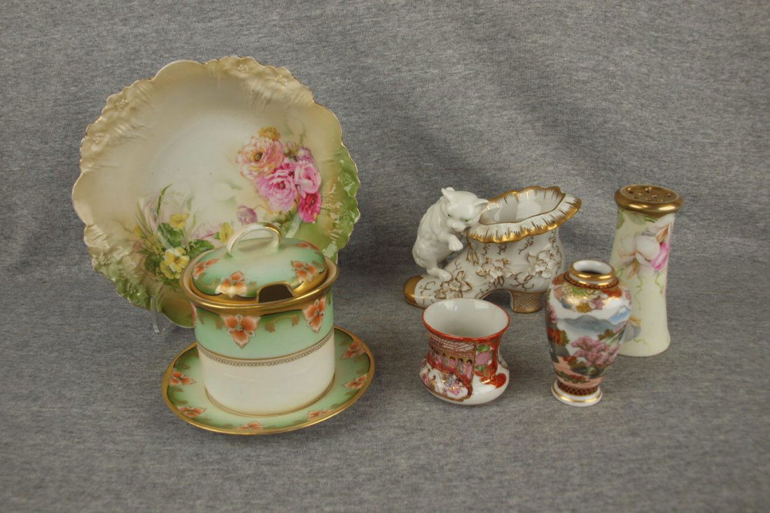 Porcelain lot of 6 pcs - R.S. German bowl, hatpin: Porcelain lot of 6 pcs - R.S. German bowl, hatpin holder & covered jar, KPM cat & shoe & 2 Oriental vases
