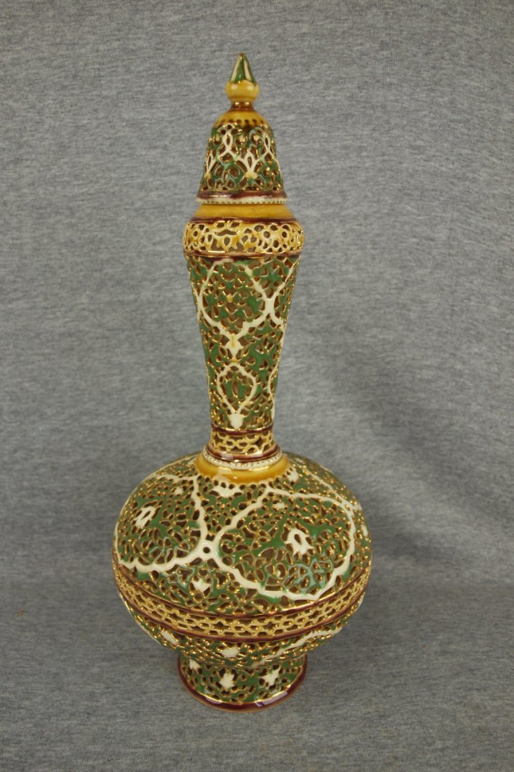 Zsolnay large pierced urn with lid, 15 12": Zsolnay large pierced urn with lid, 15 12"