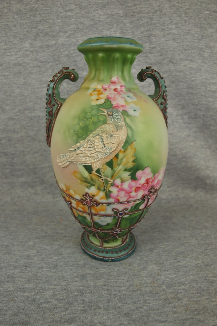 Nippon vase with heavy enamel bird 8 1/2": Nippon vase with heavy enamel bird 8 1/2"