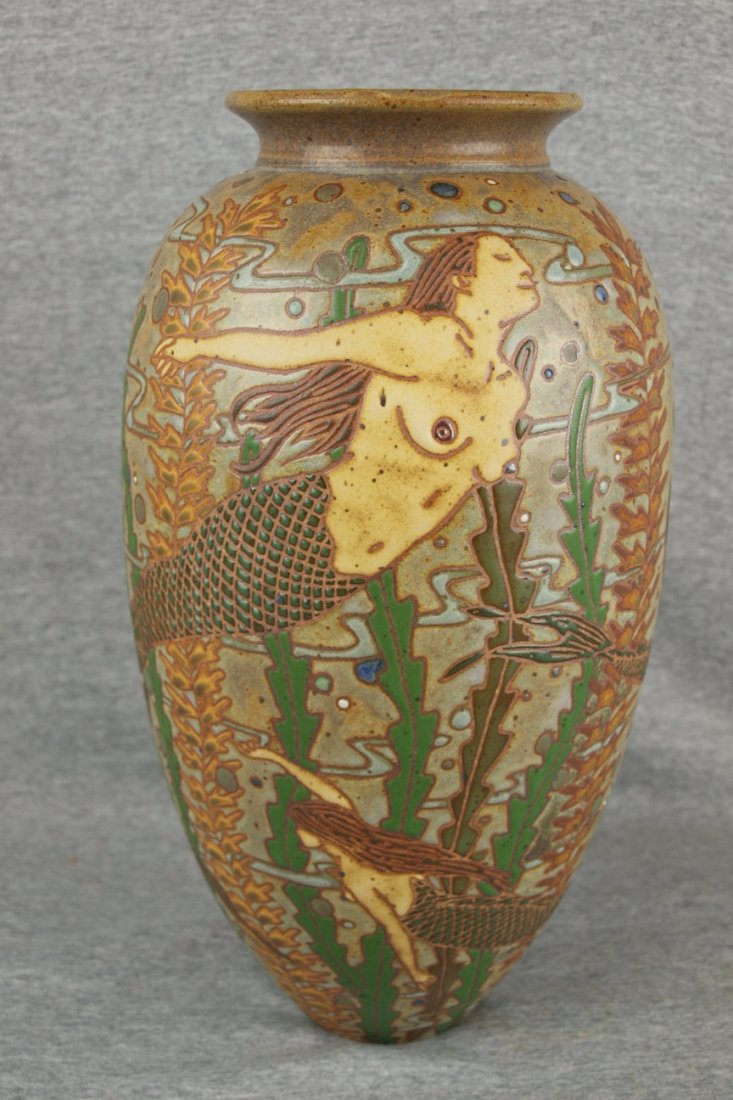 Eric Olson contemporary art pottery vase, "Mermaids",: Eric Olson contemporary art pottery vase, "Mermaids", 15", rare,Common Ground Pottery
