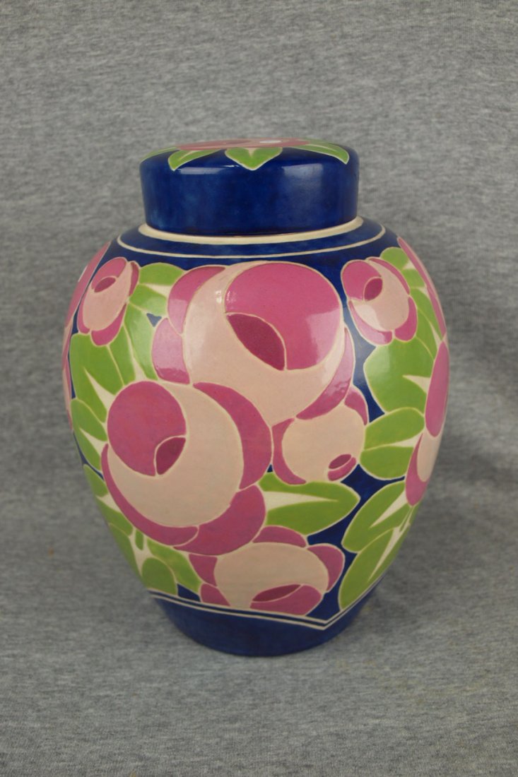 American Satsuma Art Deco style covered urn with pink: American Satsuma Art Deco style covered urn with pink roses, 11" signed "M.L. Townsend 1931"