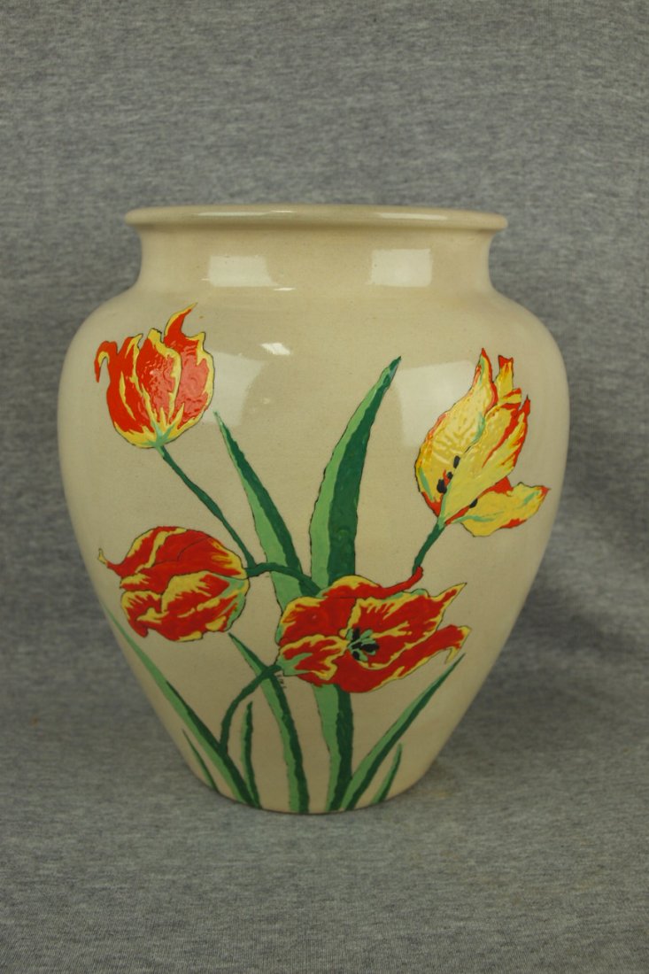 American Satsuma Art Deco enamel tulips, 10" dated: American Satsuma Art Deco enamel tulips, 10" dated April 1929