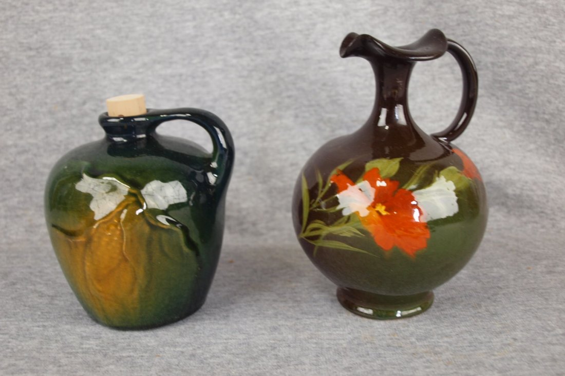 Weller standard glaze corn jug and unmarked standard: Weller standard glaze corn jug and unmarked standard glaze ewer, rim repair, 4 3/4 & 6"