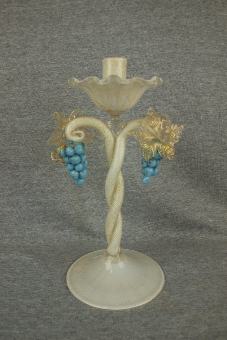 Italian Murano art glass grape 2 lite candle holder,: Italian Murano art glass grape 2 lite candle holder, paper label "Cramer" 12"