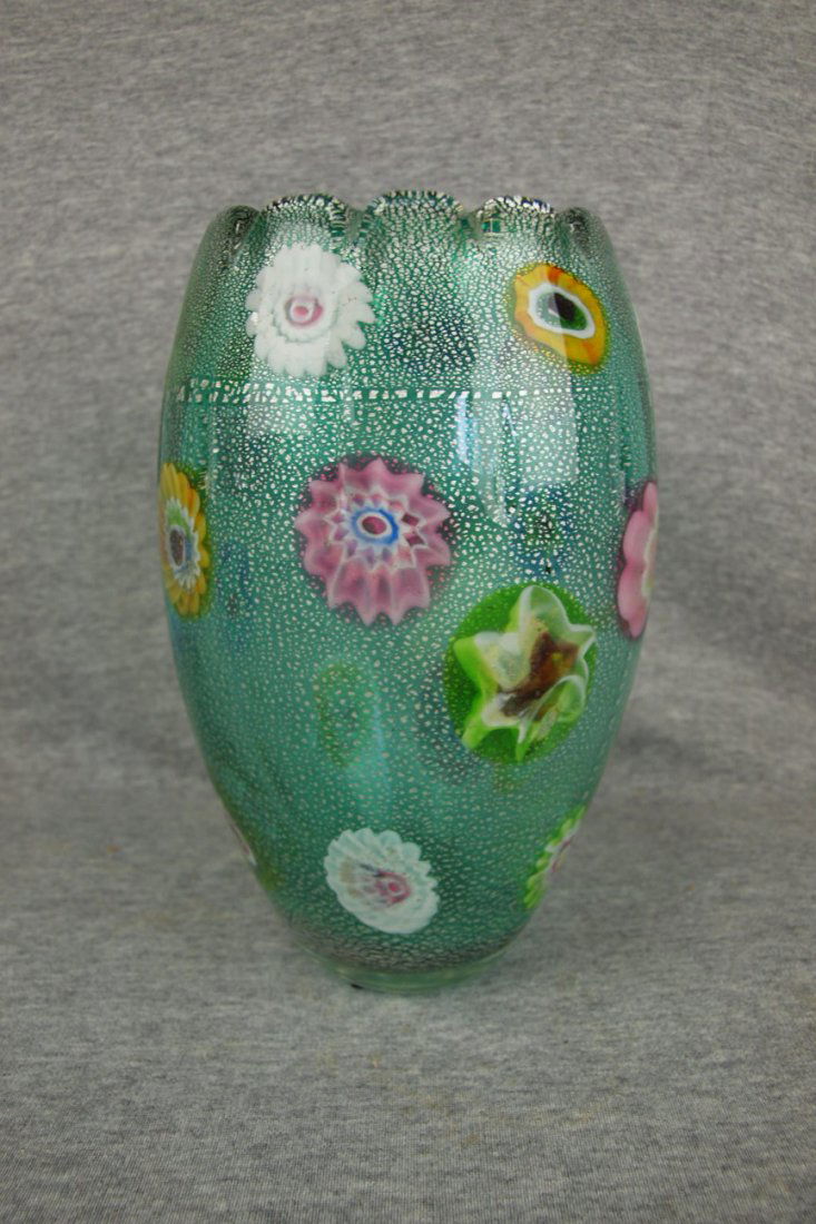 Italian Murano art glass A.V.E.M. Aldo Nason vase green: Italian Murano art glass A.V.E.M. Aldo Nason vase green & silver with murrines, 8 1/2"