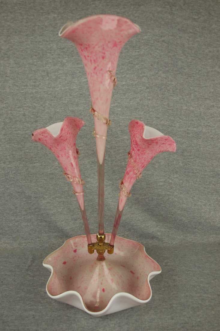 Cranberry spatter case glass 3-lily epergne 21": Cranberry spatter case glass 3-lily epergne 21"