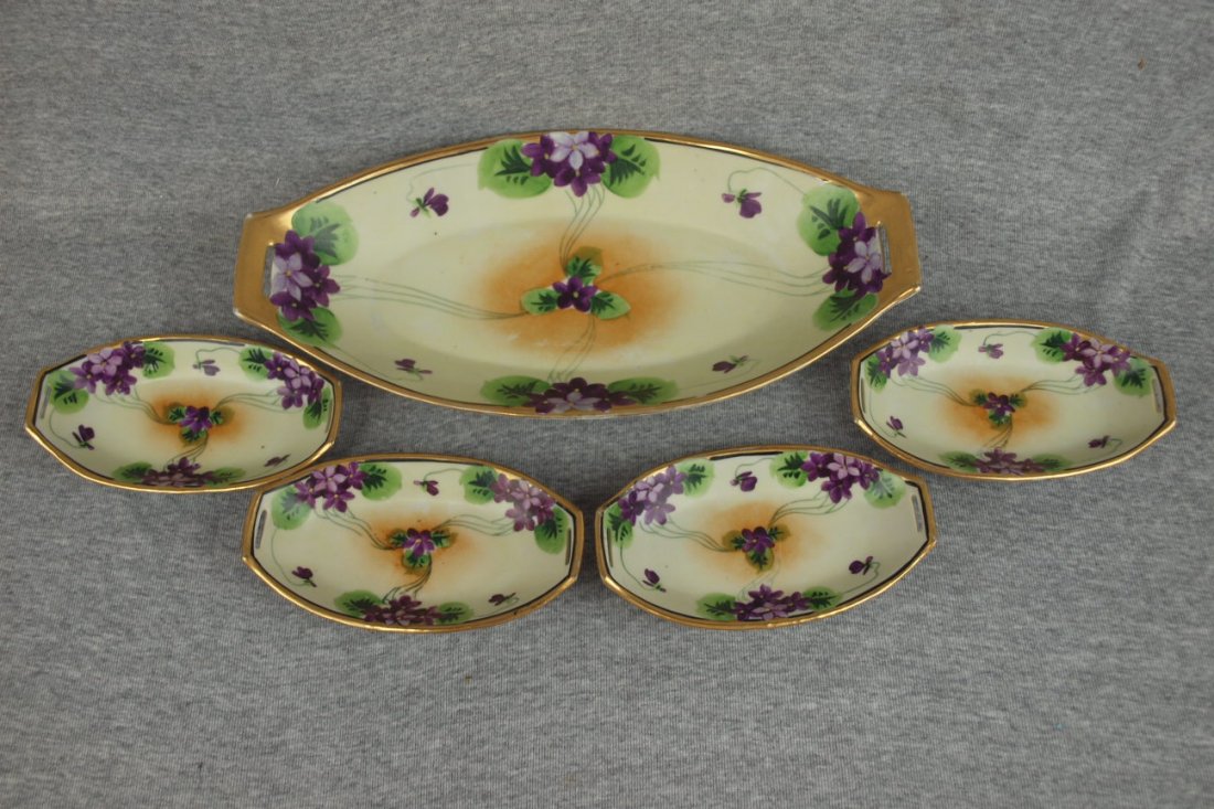 Nippon type 5 piece celery set with violets: Nippon type 5 piece celery set with violets