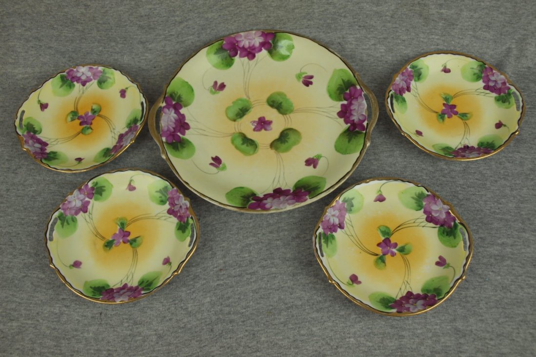 Nippon 5 piece cake set with violets: Nippon 5 piece cake set with violets, some wear to gold