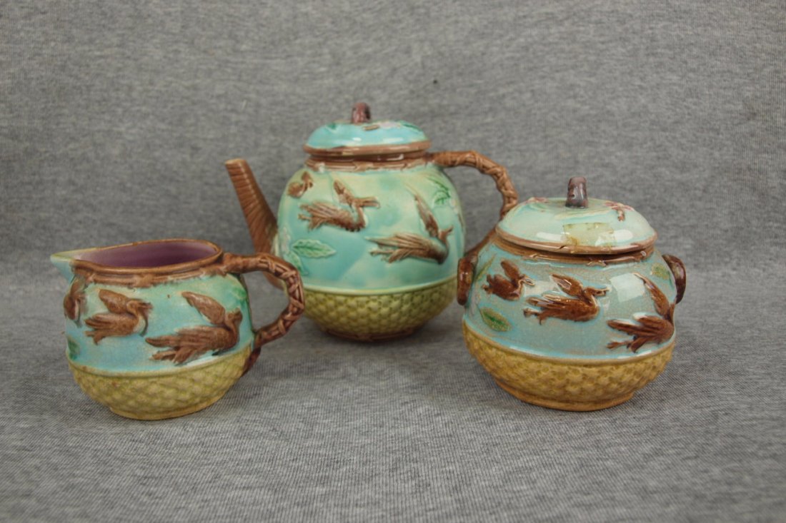 Majolica flying crane & basket 3 pc tea set, various: Majolica flying crane & basket 3 pc tea set, various condition