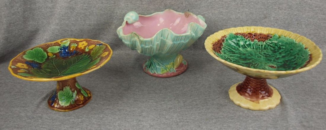 Majolica lot of 3 compotes & bowls, various condition: Majolica lot of 3 compotes & bowls, various condition