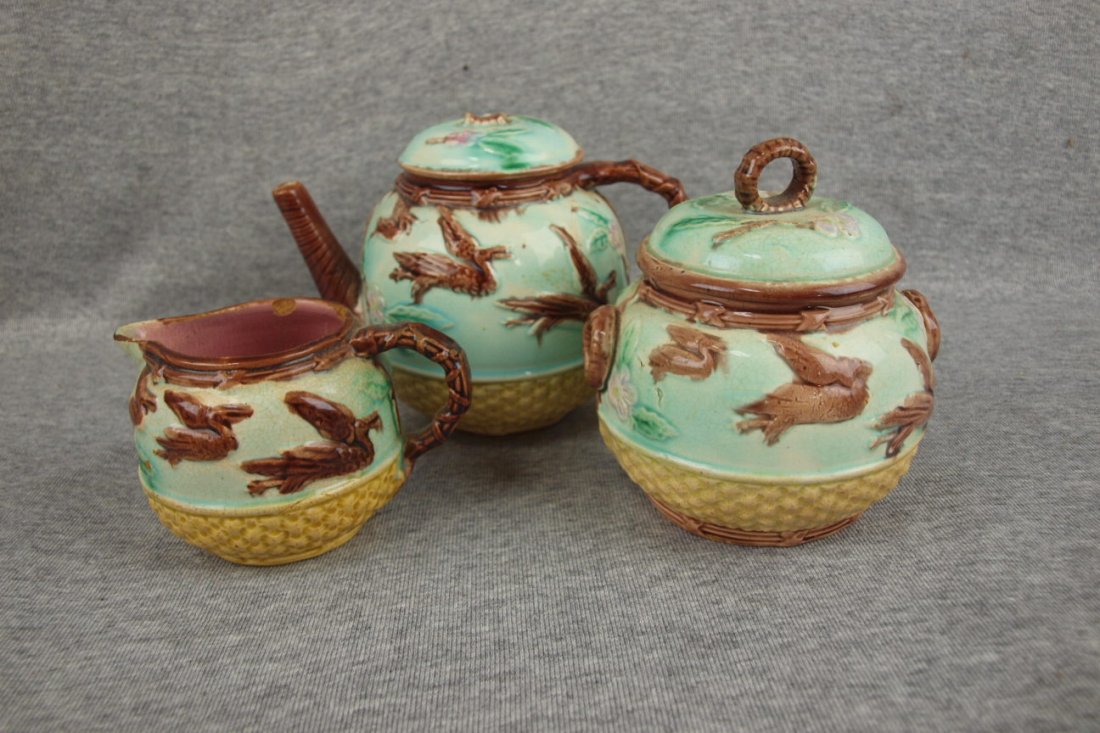 Majolica flying crane and basket 3 pc tea set, various: Majolica flying crane and basket 3 pc tea set, various condition