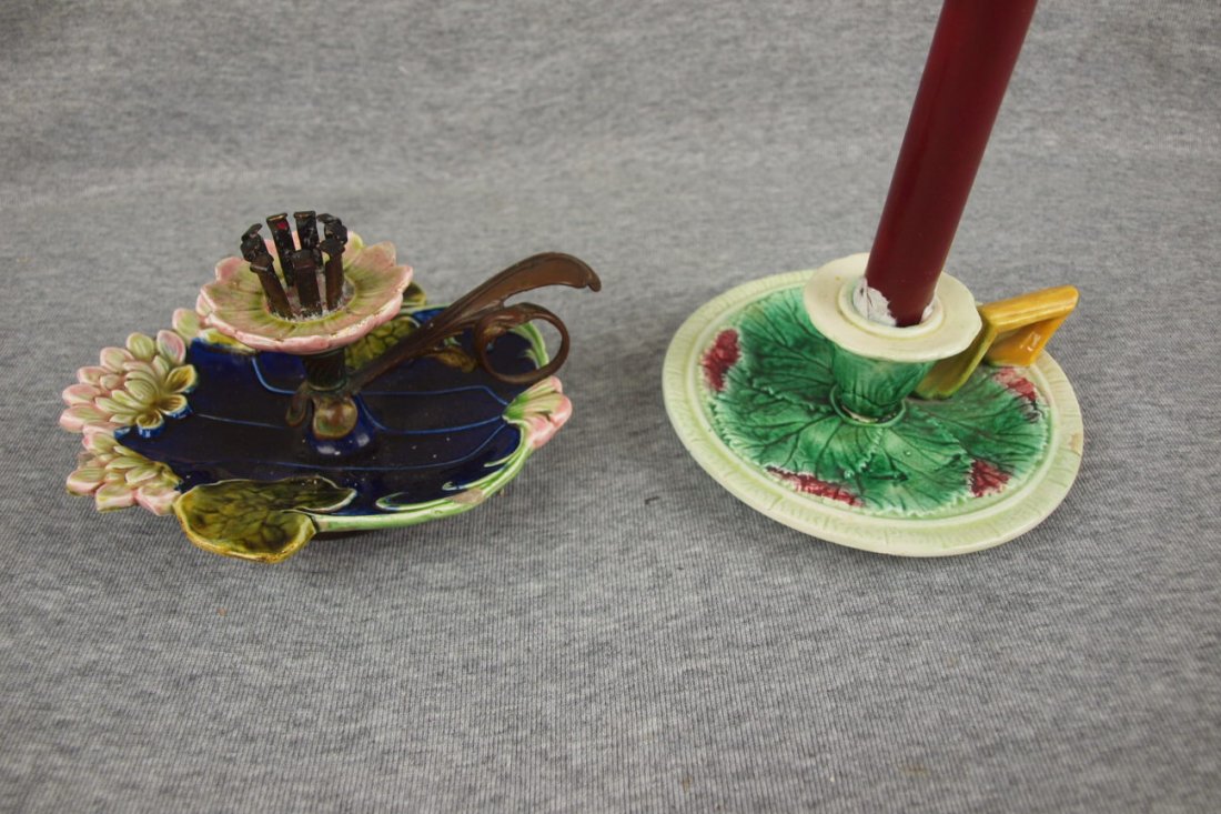 Majolica lot of 2 candle holders various condition: Majolica lot of 2 candle holders various condition