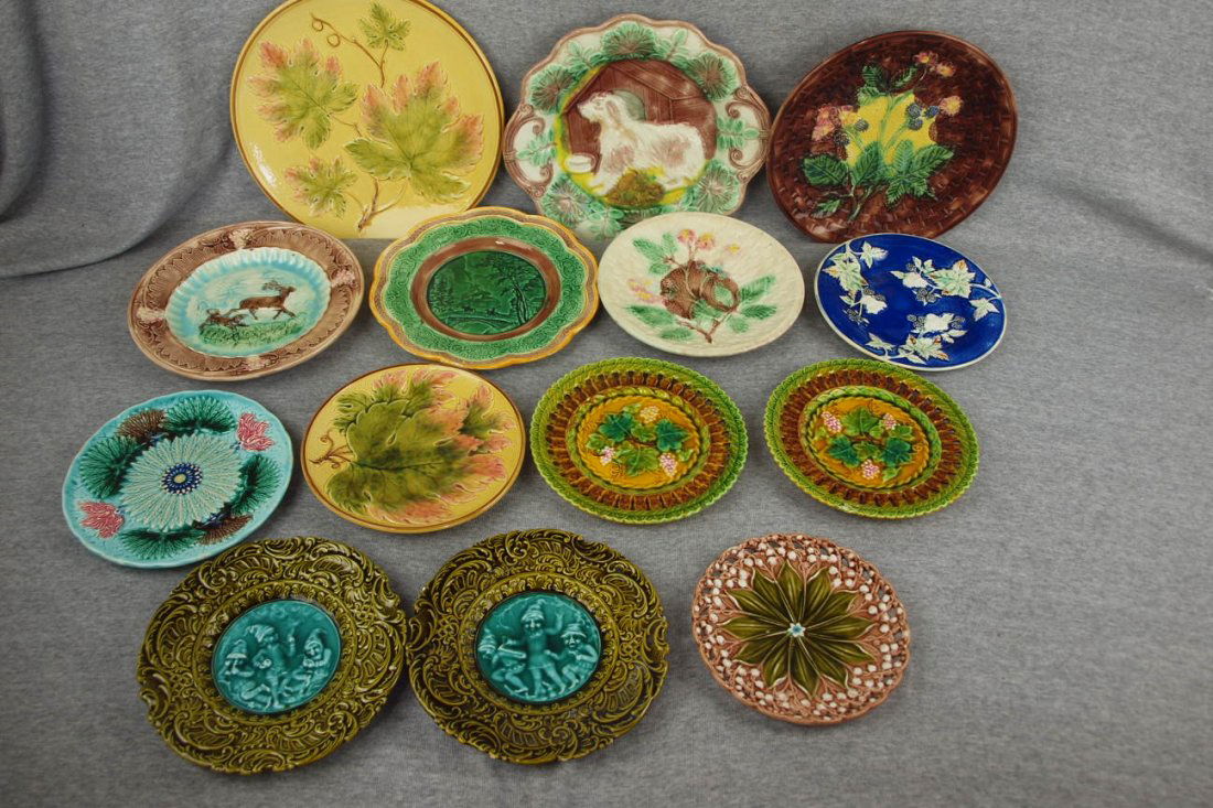 Majolica lot of 14 plates various condition: Majolica lot of 14 plates various condition