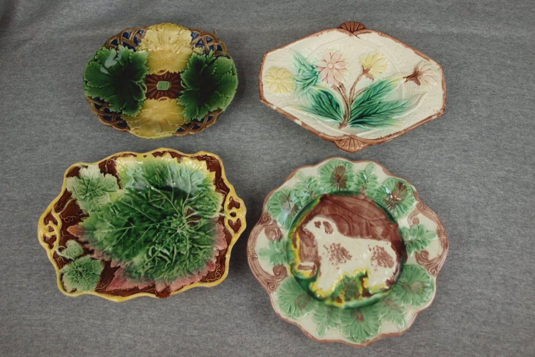 Majolica lot of 4 platters various condition: Majolica lot of 4 platters various condition