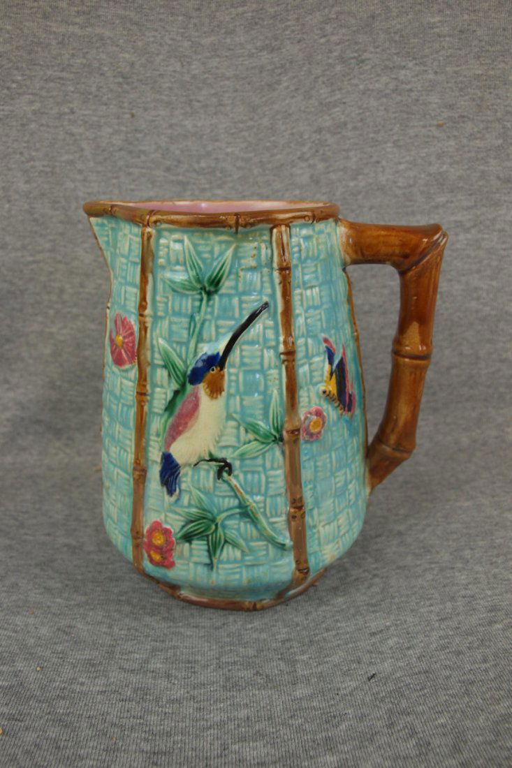 Majolica Fielding hummingbird pitcher, handle & rim: Majolica Fielding hummingbird pitcher, handle & rim repair, 7 1/2"