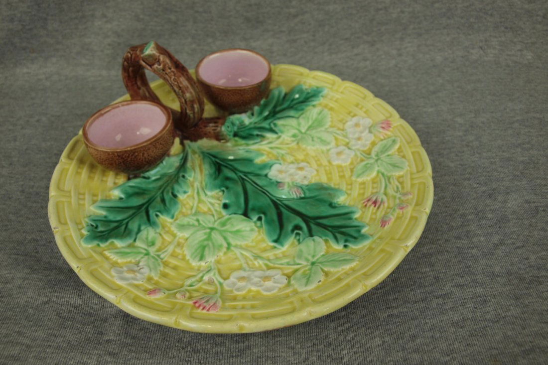Majolica strawberry server, yellow basket weave ground,: Majolica strawberry server, yellow basket weave ground, 10"d
