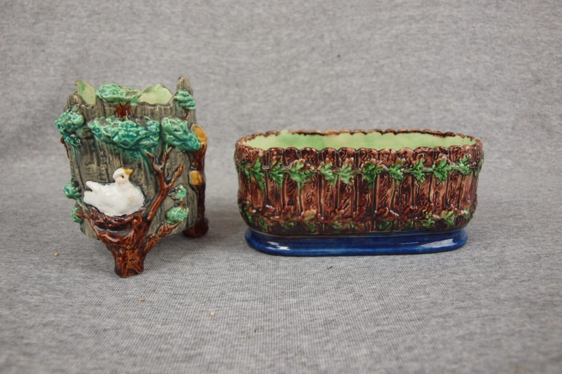 Majolica Thomas Sergent Palissy vase with bird in nest: Majolica Thomas Sergent Palissy vase with bird in nest 4 3/4" & oval planter 6 1/2"