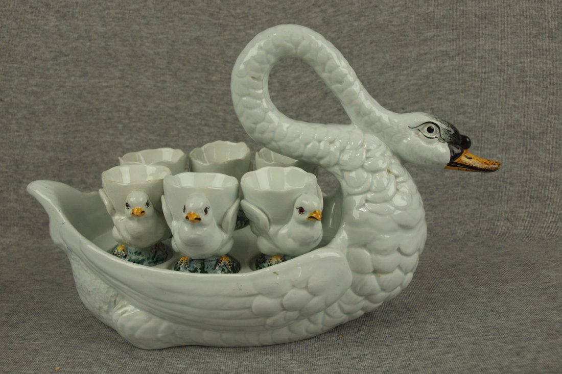 Majolica George Dreyfus figural swan egg holder with 6: Majolica George Dreyfus figural swan egg holder with 6 chick egg cups, very minor wear to 2 cups, nice detail