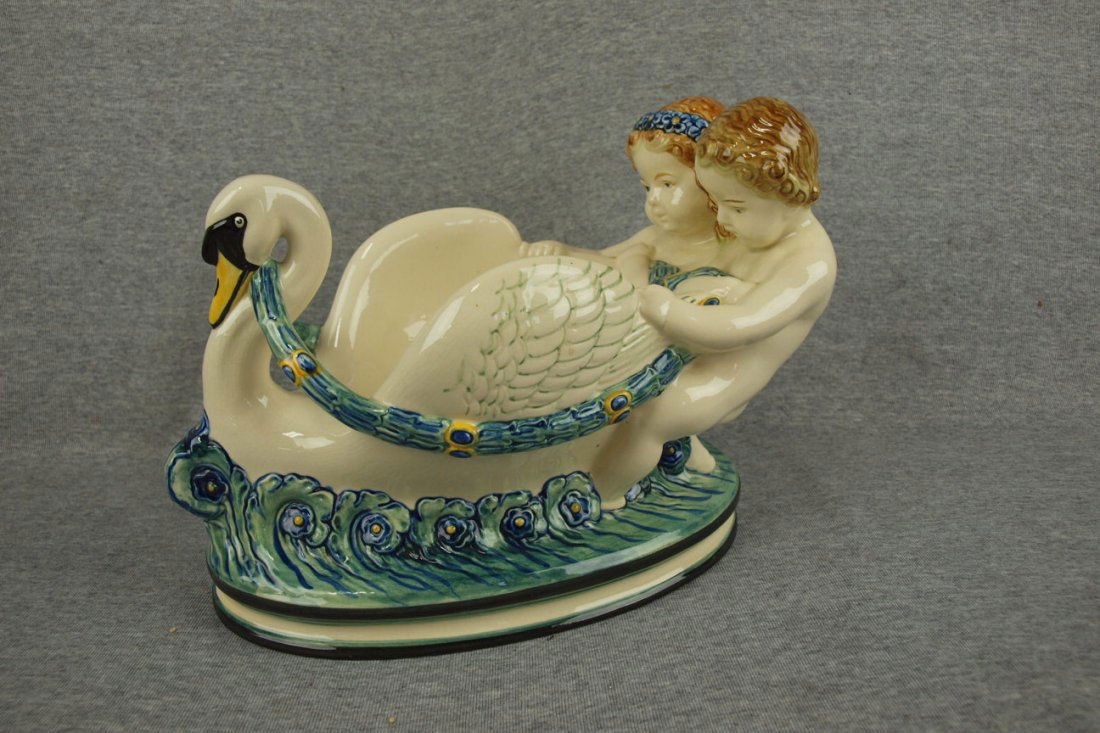 Majolica Baden swan & putti chariot, 13"l, 9"h: Majolica Baden swan & putti chariot, 13"l, 9"h
