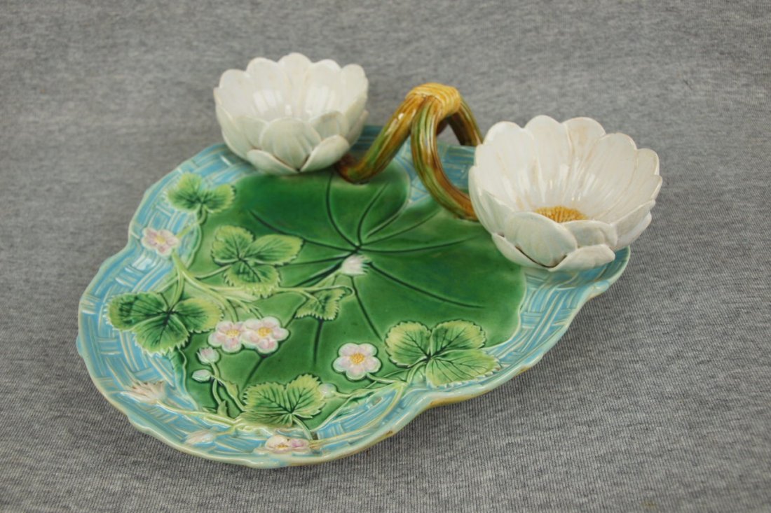 Majolica George Jones strawberry server with water lily: Majolica George Jones strawberry server with water lily cup, sugar, creamer, 10"
