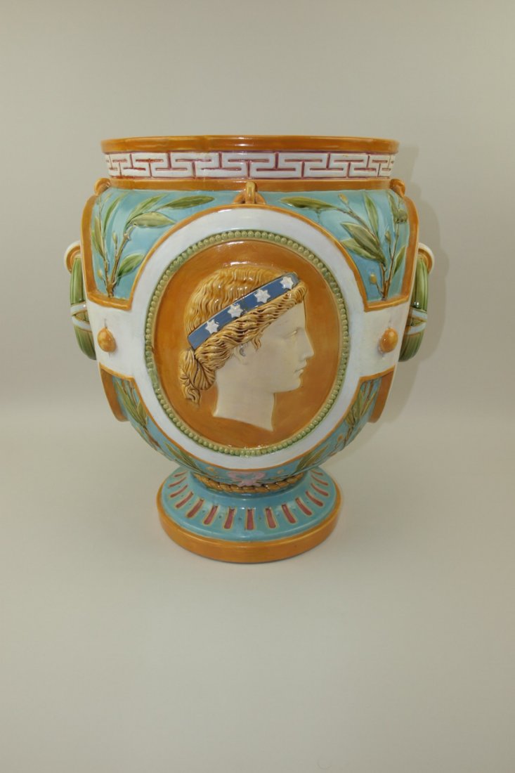 Minton majolica Continents jardiniere: Minton majolica Continents jardiniere, America & Africa, 17"h, restoration to rim and base