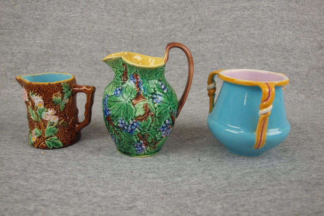 Majolica group - George Jones rustic creamer, Wedgwood: Majolica group - George Jones rustic creamer, Wedgwood grape creamer, Minton small 3 handle vase
