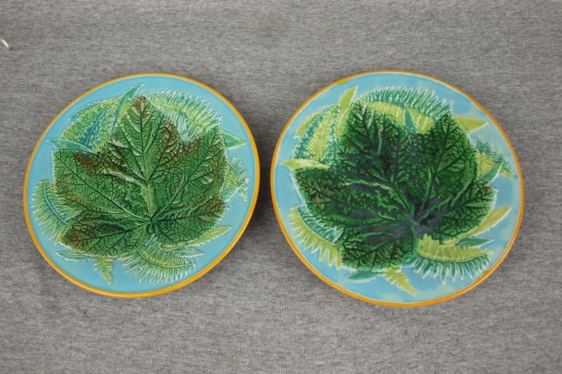 Majolica George Jones pair of turquoise leaf & fern: Majolica George Jones pair of turquoise leaf & fern plates, 8 1/2"