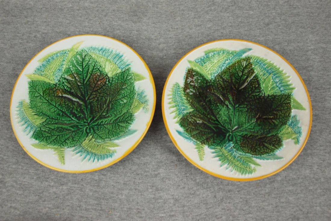 Majolica George Jones pair of white leaf & fern plates,: Majolica George Jones pair of white leaf & fern plates, 8 1/2"