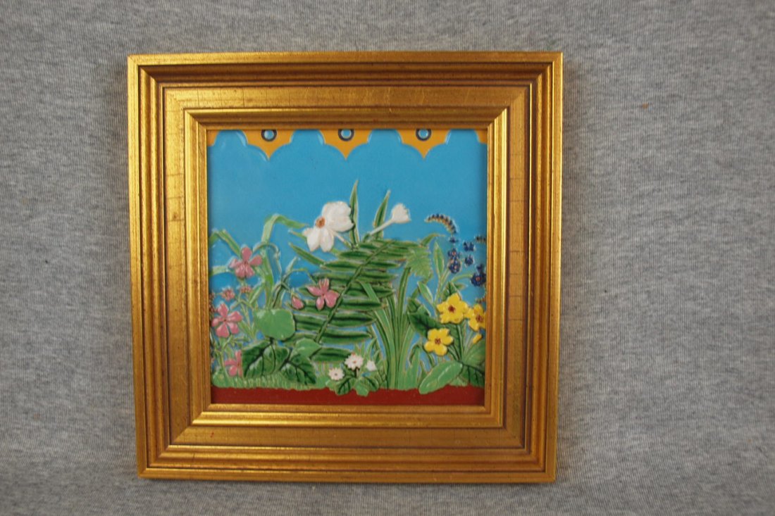 Majolica Minton 8" floral & fern tile in frame,: Majolica Minton 8" floral & fern tile in frame, hairline repair