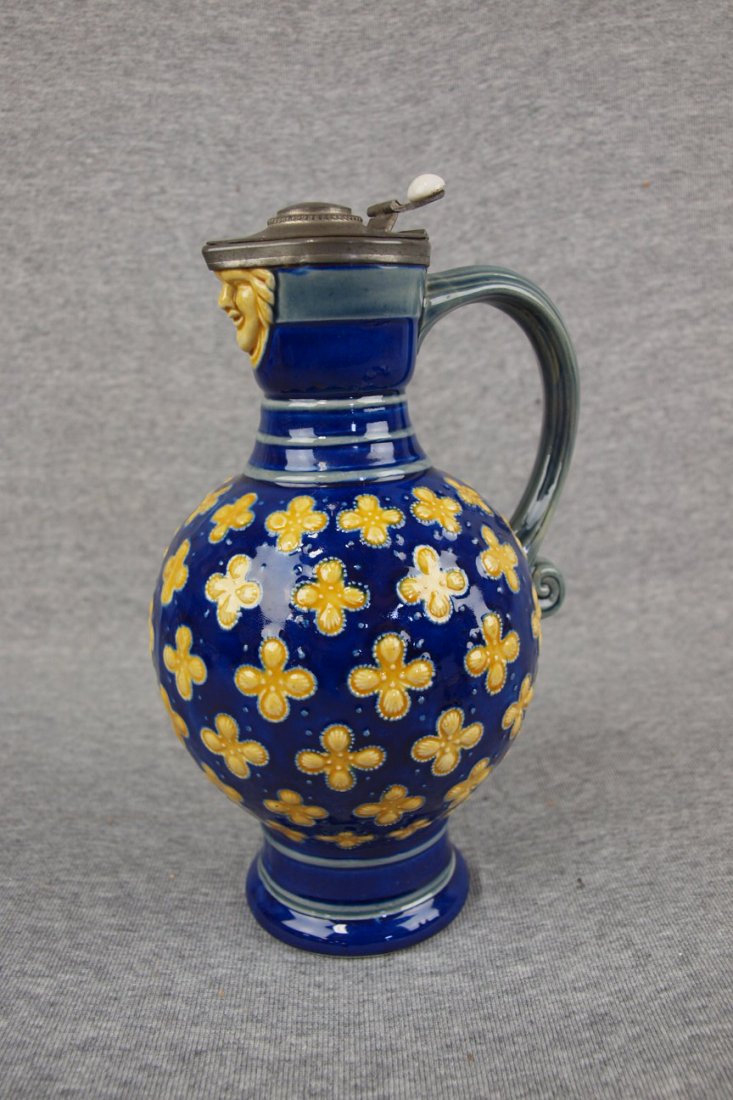 Majolica Minton cobalt jug with mask spout & pewter: Majolica Minton cobalt jug with mask spout & pewter lid, 8 1/2"