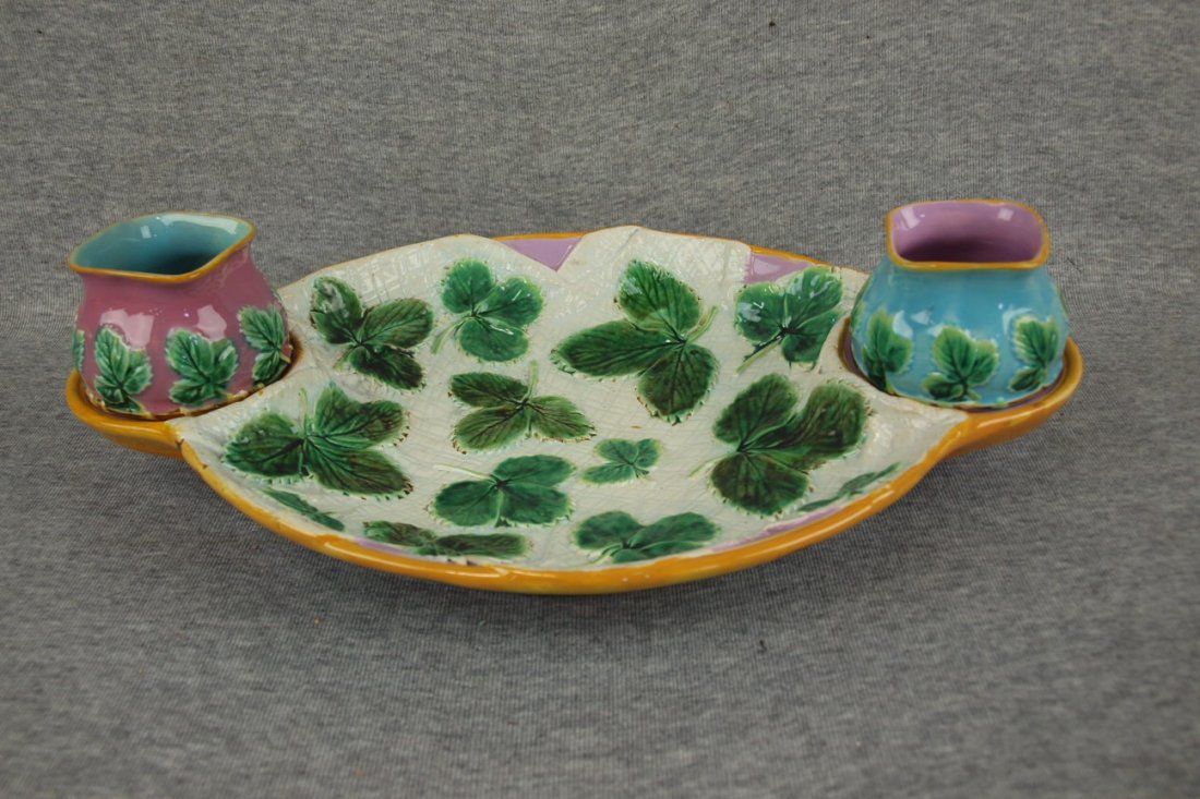 Majolica George Jones napkin strawberry server with: Majolica George Jones napkin strawberry server with mismatched cream & sugar