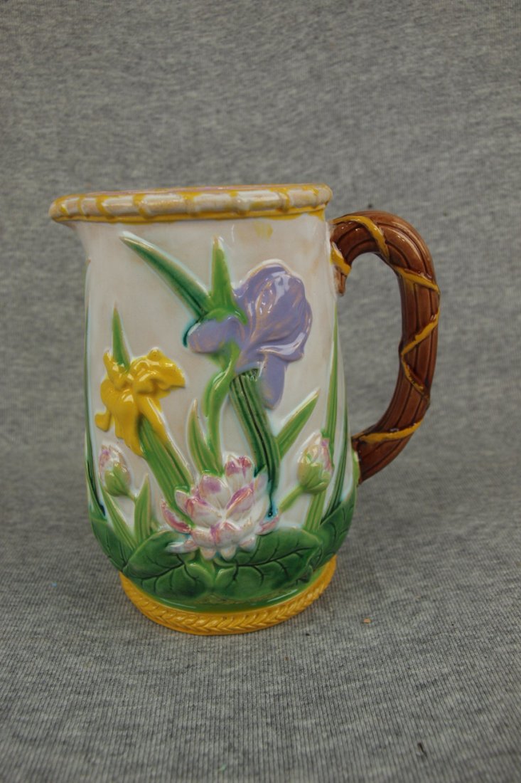 Majolica George Jones iris & water lily pitcher, 5 1/2": Majolica George Jones iris & water lily pitcher, 5 1/2"