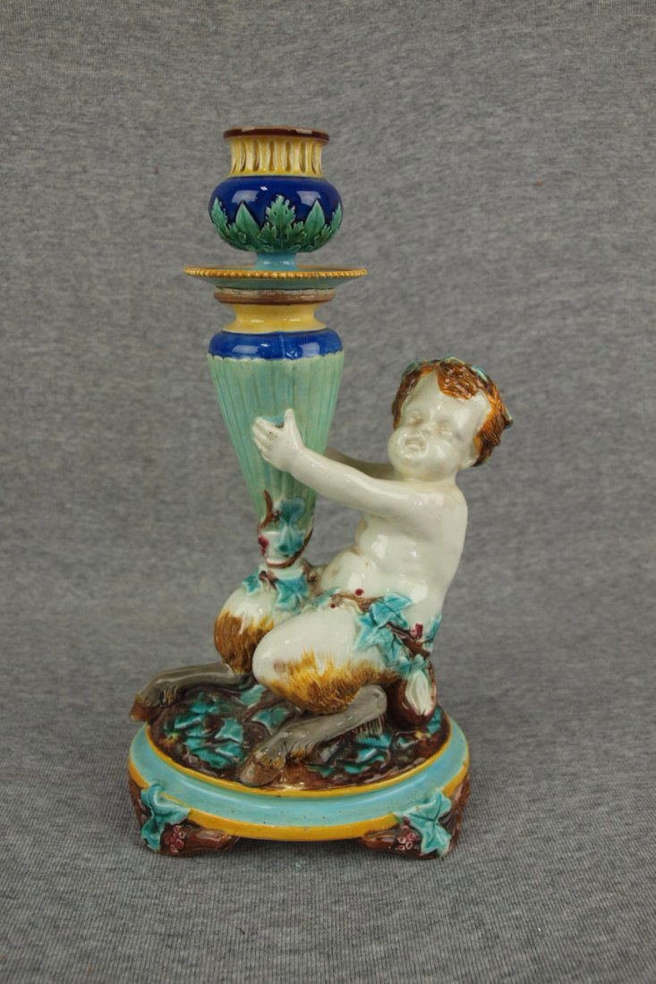 Majolica Wedgwood fawn candle holder 9 1/2": Majolica Wedgwood fawn candle holder 9 1/2"