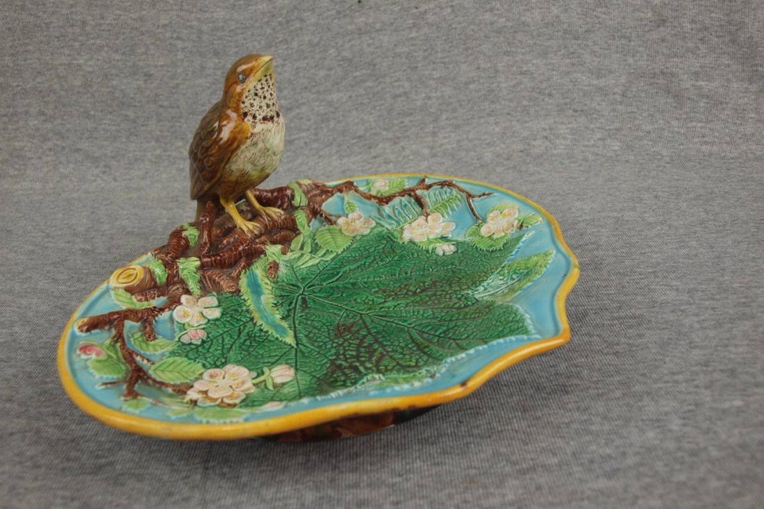 Majolica George Jones bird handled tray, bird: Majolica George Jones bird handled tray, bird professionally reattached, 10"w