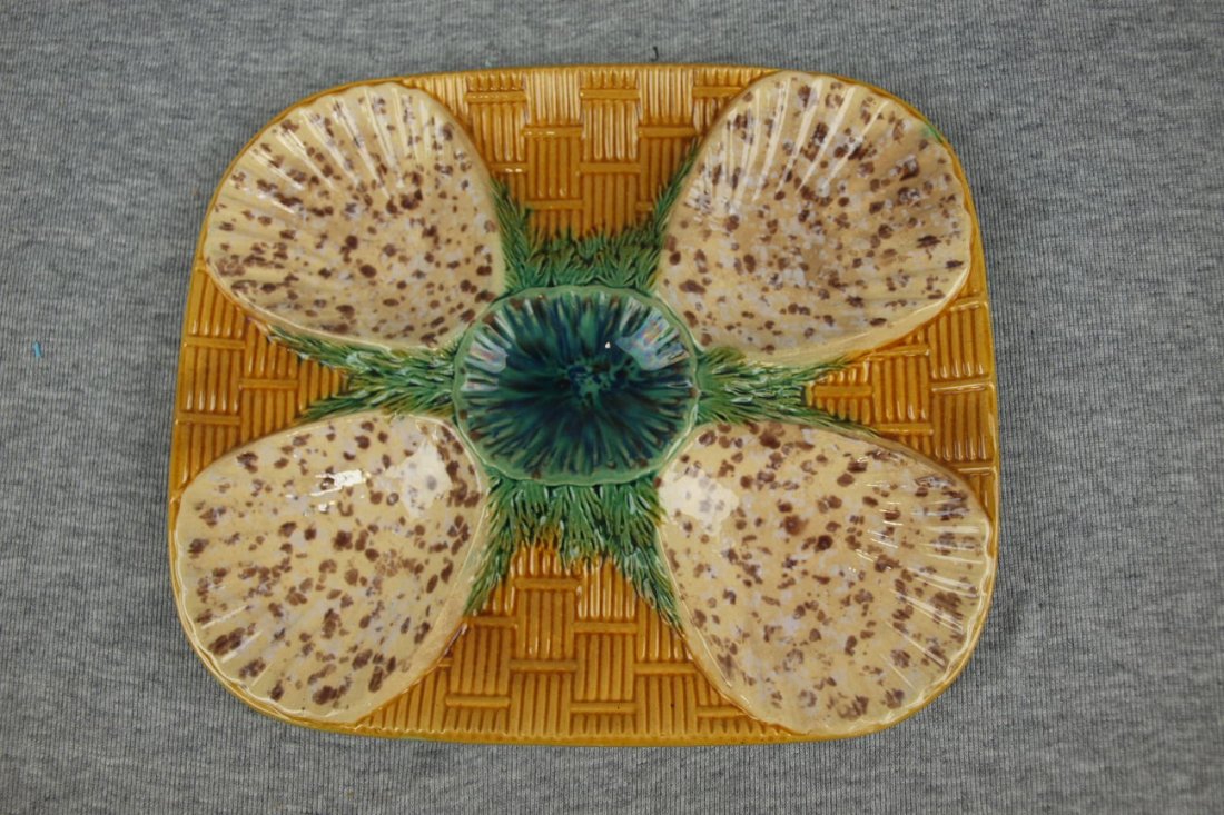 Majolica Minton rare 4 well & basket rectangular oyster: Majolica Minton rare 4 well & basket rectangular oyster plate, ref: Karsnitz p 39, Evelyn Jones Collection