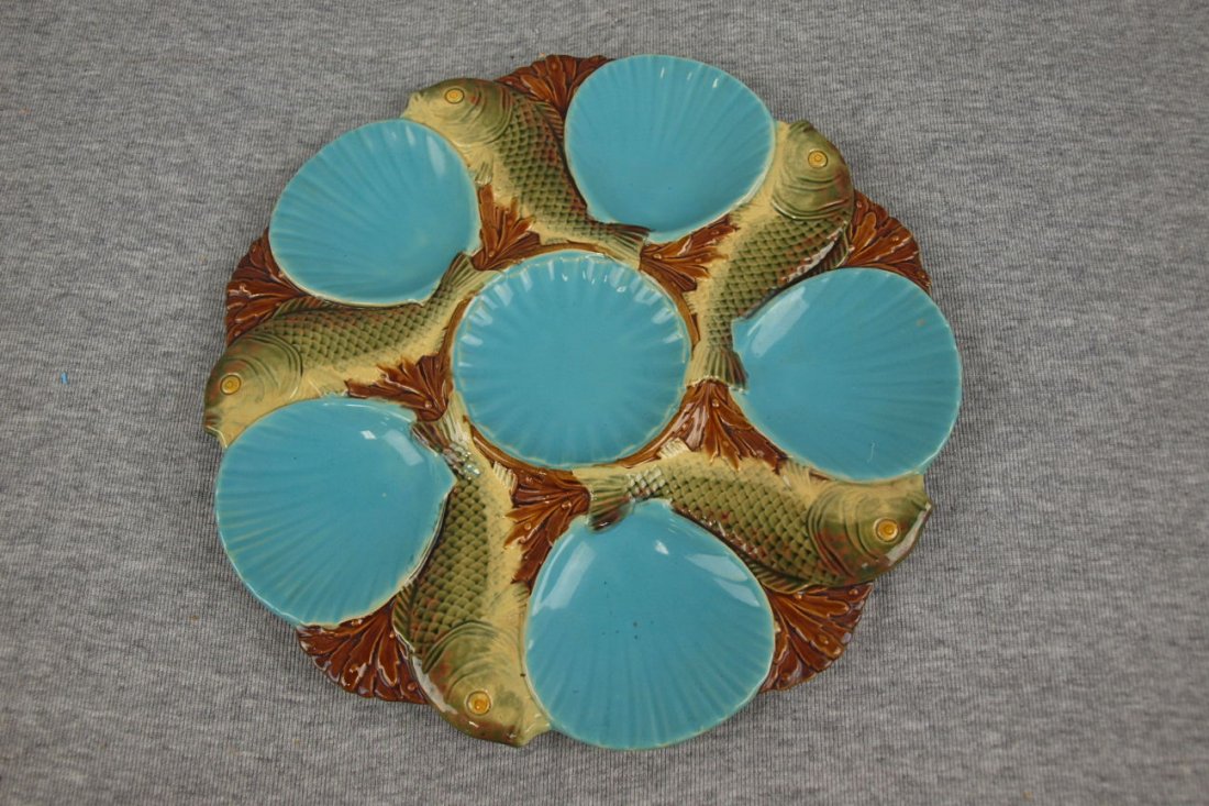 Majolica Minton rare fish & shell 5 well oyster plate,: Majolica Minton rare fish & shell 5 well oyster plate, ref: Karsnitz p39, Evelyn Jones Collection