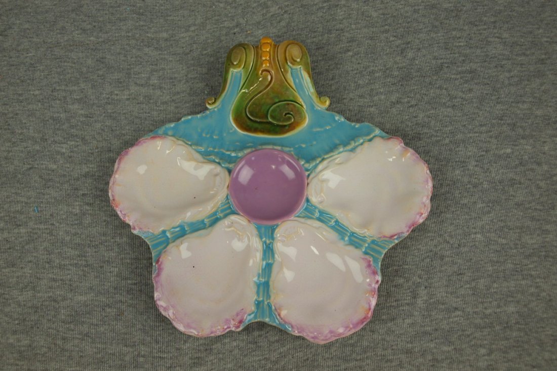 Majolica George Jones J.W. Boteler 4 well oyster plate,: Majolica George Jones J.W. Boteler 4 well oyster plate, ref: Karsnitz p 59, Evelyn Jones Collection