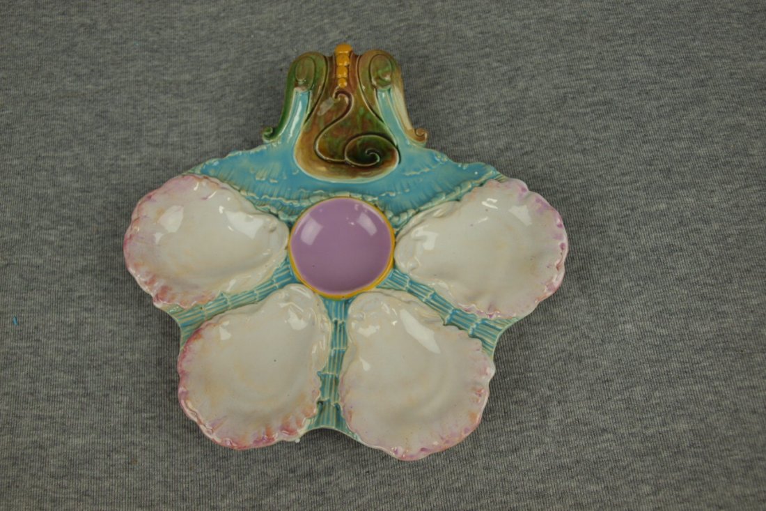 Majolica George Jones J.W. Boteler 4 well oyster plate,: Majolica George Jones J.W. Boteler 4 well oyster plate, ref: Karsnitz p 59