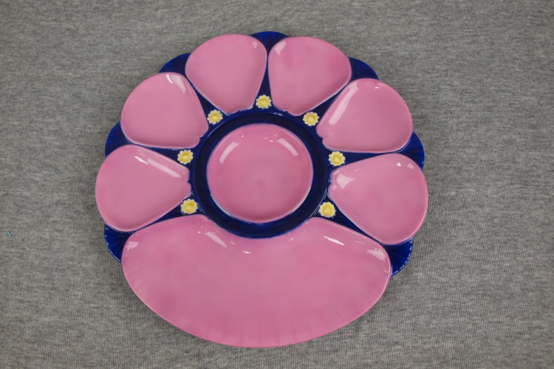 Majolica Minton 6 well cobalt & pink oyster plate with: Majolica Minton 6 well cobalt & pink oyster plate with cracker well, 10", restored
