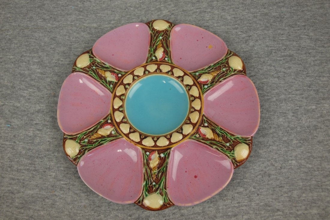 Majolica MInton 6 well pink oyster plate 9": Majolica MInton 6 well pink oyster plate 9"