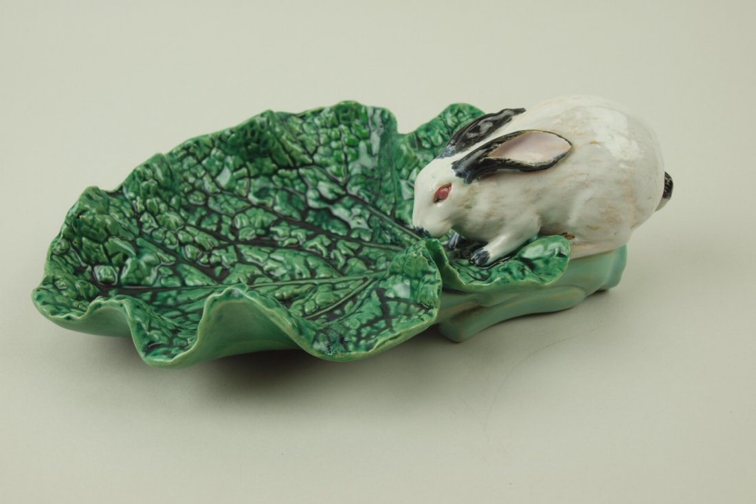 Minton majolica rabbit on cabbage leaf: Minton majolica rabbit on cabbage leaf tray, restoration to leaf, shape no. 1531, 9"