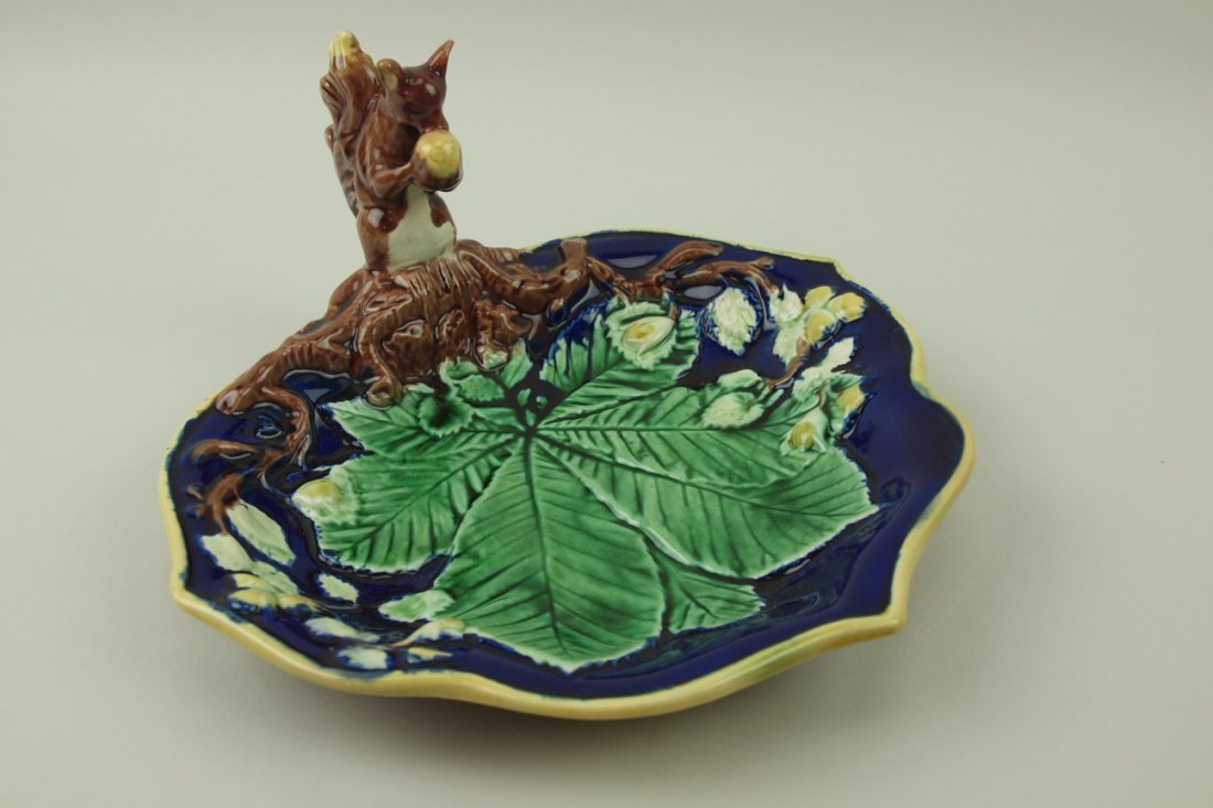 Majolica cobalt squirrel serving tray: Majolica cobalt squirrel serving tray, repair to ears
