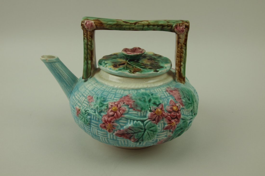 Majolica turquoise basket and floral teakettle: Majolica turquoise basket and floral teakettle, 5 1/2"